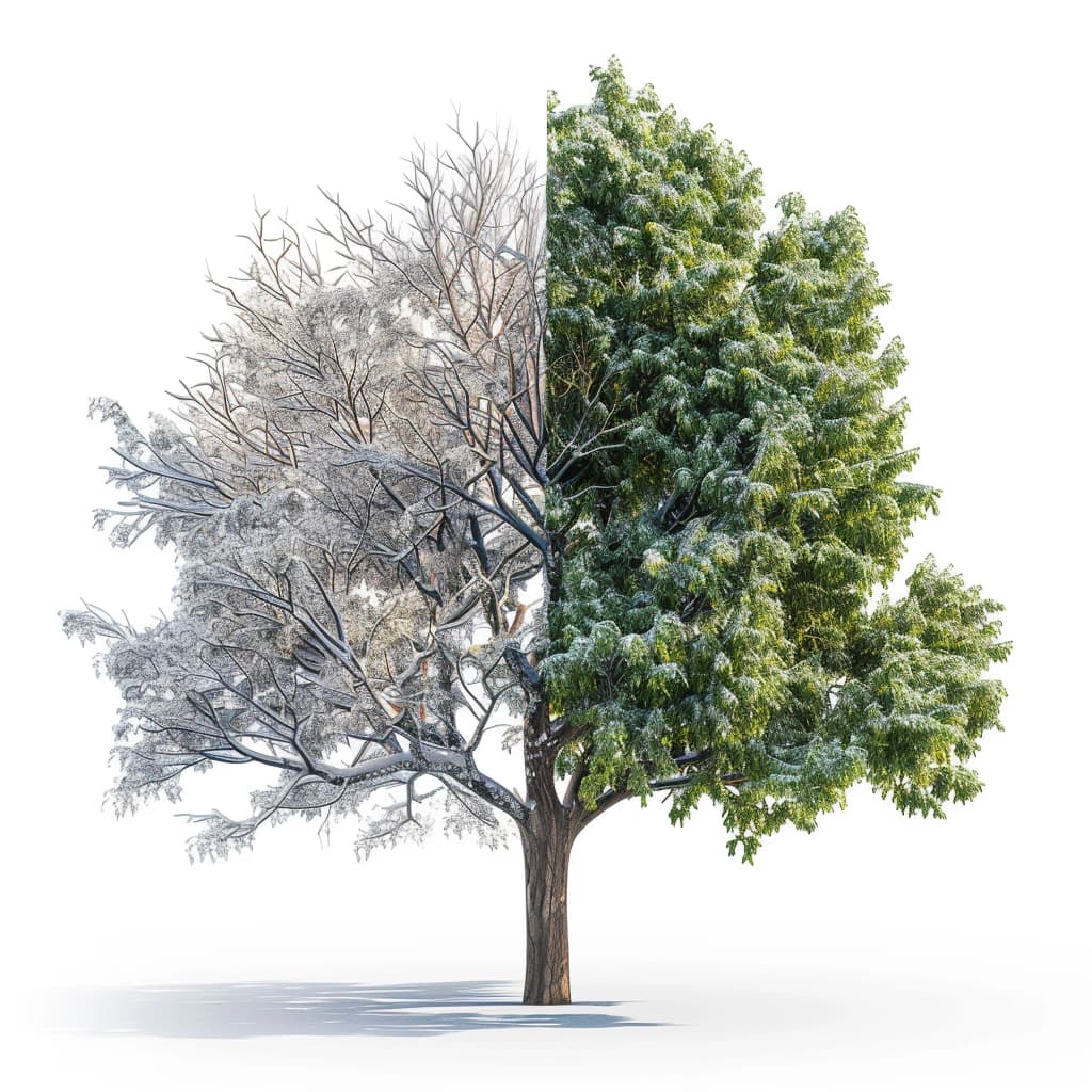 A tree split by the seasons, the left winter, and the right summer